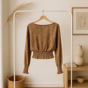 Tan and Cream Ruffled Blouse with Relaxed Fit